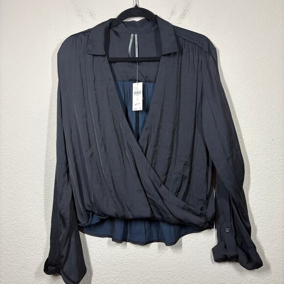 By Anthropologie Small Draped Crossover Roll Tab Sleeves Top Blouse Black - Picture 1 of 9